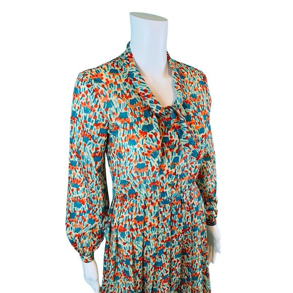 Vintage 1980s Silk Shirtdress Necktie Red Orange Blue Artistic Printed Dress - Picture 5 of 10